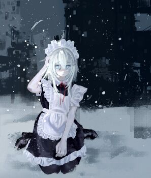 1girl absurdres alternate_costume apron aqua_hair averting_eyes between_legs black_boots black_dress black_leggings blue_eyes blue_pupils boots building city closed_mouth cold dress enmaided freckles frilled_apron frilled_dress frills full_body glitch hair_between_eyes hair_ornament hairclip hand_between_legs hand_on_own_head hashtag-only_commentary highres leggings light_blush light_frown maid maid_apron maid_headdress marie_(peripeteia) medium_hair outdoors overcast painterly peripeteia sitting sky skyscraper snow snowing solo stuffbecauseidk wariza winter