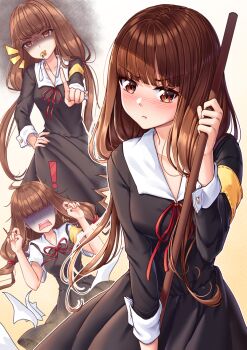 ! 1girl :t armband black_dress blowing_whistle breasts brown_eyes brown_hair commentary dress english_commentary hand_on_own_hip holding iino_miko index_finger_raised kaguya-sama_wa_kokurasetai_~tensai-tachi_no_renai_zunousen~ long_hair long_sleeves looking_at_viewer low_twintails multiple_views neck_ribbon paper pattikou red_ribbon ribbon twintails whistle whistle_around_neck yellow_armband