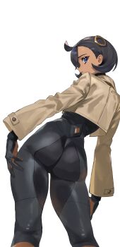 1girl absurdres ass black_bodysuit black_gloves black_hair blue_eyes bodysuit brown_jacket dark-skinned_female dark_skin emma_(pokemon) gloves grey_background highres jacket looking_at_viewer looking_back nintendo pokemon pokemon_legends:_z-a short_hair simple_background solo taiyang_yu