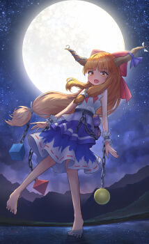 1girl absurdres ball_and_chain_restraint barefoot bow brown_horns chain commentary_request fang full_moon gourd hair_bow highres horn_ornament horn_ribbon horns ibuki_suika long_hair looking_at_viewer moon mountainous_horizon night night_sky oni open_mouth orange_eyes orange_hair outdoors purple_skirt red_bow reflection reflective_liquid ribbon ripples shirt skirt sky smile solo star_(sky) toes toorooo touhou very_long_hair water white_shirt