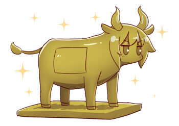 blush brazen_bull cow curled_horns from_side full_body highres horns kemomimi-chan_(naga_u) looking_away naga_u objectification original sidelocks simple_background solo sparkle statue torture_device v-shaped_eyebrows white_background