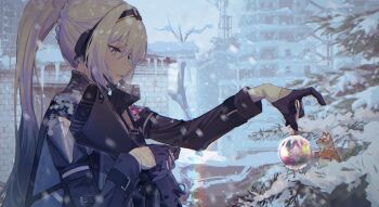 1girl alva_(girls'_frontline_2) an-94_(girls'_frontline) assault_rifle black_gloves black_jacket blonde_hair blue_eyes christmas_ornaments christmas_tree commentary english_commentary from_side girls'_frontline girls'_frontline_2:_exilium gloves gun half_gloves holding holding_weapon jacket long_hair niac outdoors parted_lips ponytail rifle snow solo squirrel weapon