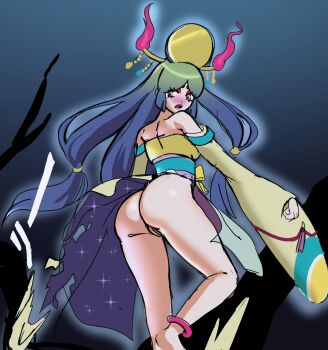 1girl ass bare_shoulders blue_eyes blue_hair bottomless butt_crack detached_sleeves gesshin_tsukuyomi gluteal_fold highres long_hair looking_back solo sunbeam_(artist) wardrobe_malfunction youkai_watch