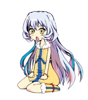 1boy anklet ao_ran aries_(yasei_no_last_boss) bare_arms blue_hair blue_trim blush boots bracelet chestnut_mouth deformed dress flipped_sidelocks full_body fur-trimmed_boots fur-trimmed_vest fur_trim hair_between_eyes hands_on_own_thighs invisible_floor inward_flipped_hair jewelry long_hair looking_at_viewer male_focus multicolored_hair open_mouth sidelocks simple_background sitting sleeveless solo streaked_hair teeth trap upper_teeth_only very_long_hair vest wariza white_background white_hair white_trim yasei_no_last_boss_ga_arawareta yellow_boots yellow_dress yellow_eyes yellow_vest