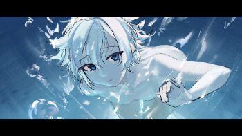 Rule 34 | air bubble, androgynous, ass, bent over, blue eyes, bubble, collarbone, commentary, completely nude, english commentary, hair between eyes, highres, letterboxed, light smile, looking at viewer, nude, original, thigh gap, underwater, white hair, xcider