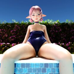 1girl 3d animated choker elf flower glasses hair_bun hairdressing heroes_of_incredible_tales heroes_of_incredible_tales_2 highres kiki_(heroes_of_incredible_tales) loli looping_animation nipples pink_hair pointy_ears pool pt_tw school_swimsuit sitting swimsuit tagme thick_thighs thighs video