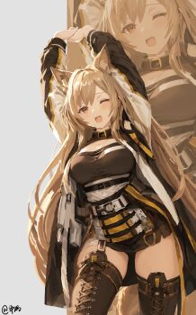 1girl :o ;o absurdres animal_ear_fluff animal_ears arknights benlai_hai_ting_xihuan_shijie_de black_jacket boots breasts brown_boots brown_eyes brown_hair buckle ceobe_(arknights) chinese_commentary commentary_request cowboy_shot grey_background highres jacket lace-up_boots long_hair long_sleeves looking_at_viewer medium_breasts one_eye_closed open_clothes open_jacket open_mouth own_hands_together solo standing stretching teeth thigh_boots upper_teeth_only white_jacket yawning zoom_layer