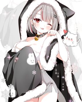 1girl ;3 ;p animal_hood black_choker black_cloak blush bra breasts cat_hood cat_tail choker cleavage cloak closed_mouth collarbone commentary cowboy_shot fur-trimmed_cloak fur_trim grey_hair grey_shorts hair_ornament hairclip hood hood_up hooded_cloak large_breasts looking_at_viewer multicolored_hair neneko_mashiro one_eye_closed parallel_hairclips red_eyes red_streaks short_hair short_shorts shorts smile solo stellive streaked_hair subin_(subin_2011) symbol-only_commentary tail tongue tongue_out underwear virtual_youtuber white_bra