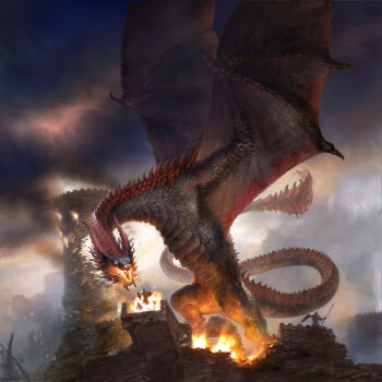2others a_song_of_ice_and_fire absurdres animal_focus breath_weapon breathing_fire building burning cloud cloudy_sky commentary destruction dragon drogon english_commentary fantasy fire glowing glowing_eye highres horns monster multiple_others official_art open_mouth outdoors paul_dainton realistic rubble sky smoke tail tower watchtower western_dragon wings wyvern