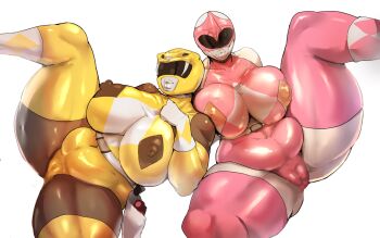 2girls ass belly breasts cleft_of_venus covered_eyes dark-skinned_female dark_skin fat fat_woman helmet huge_ass huge_breasts jujunaught kyoryu_sentai_zyuranger large_breasts mighty_morphin_pink_ranger mighty_morphin_power_rangers mighty_morphin_yellow_ranger multiple_girls pasties plump power_rangers ptera_ranger simple_background skin_tight skindentation super_sentai thick_lips thick_thighs thighs tiger_ranger white_background
