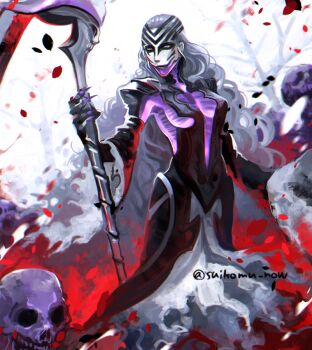 1girl armor black_dress bone dress facial_mark fire_emblem fire_emblem_heroes grey_hair hel_(fire_emblem) holding holding_scythe long_hair long_sleeves nintendo scale_armor scythe see-through_body skeleton skull suikomu_now translucent very_long_hair