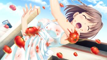 10s 1girl brown_hair closed_eyes dress game_cg highres kitami_minamo koutaro open_mouth short_hair tomato tropical_kiss tropical_vacation twinkle_(company) white_dress