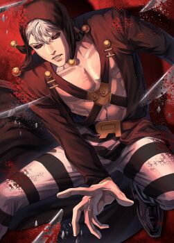 Rule 34 | 1boy, abs, black coat, black hood, black sclera, chest harness, coat, collarbone, colored sclera, commentary, grey hair, harness, highres, jojo no kimyou na bouken, long sleeves, looking at viewer, male focus, open clothes, open coat, pants, pectoral cleavage, pectorals, pur ple02imo, red background, red eyes, risotto nero, scalpel, short hair, solo, striped clothes, striped pants, symbol-only commentary, teeth, toned, toned male, vento aureo, white pants