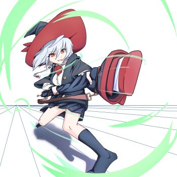 ankle_socks blue_archive bow bowtie braid earrings eri_(blue_archive) gun halo hat highres holding holding_gun holding_weapon jacket jewelry long_coat long_hair orange_eyes ring shirt skirt socks sweater thrust_lines weapon white_hair wind witch_hat