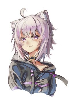 1girl :3 absurdres ahoge animal_collar animal_ear_fluff animal_ears black_collar cat_ears cat_girl closed_mouth collar collarbone commentary crossed_bangs drawstring english_commentary floating_clothes grey_hoodie highres hololive hood hoodie lichael medium_hair nekomata_okayu nekomata_okayu_(1st_costume) purple_eyes purple_hair raised_eyebrow simple_background single_off_shoulder smirk solo upper_body vignetting virtual_youtuber white_background