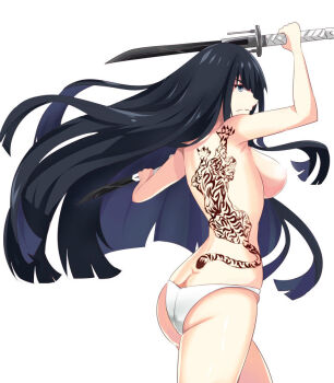 1girl arched_back arm_up armpits ass avaloki back back_tattoo black_hair blue_eyes breasts butt_crack clenched_hands collarbone curvy determined dimples_of_venus eyebrows eyelashes female_focus fighting_pose fighting_stance fingernails floating_hair from_behind hime_cut holding holding_sword holding_weapon kill_la_kill kiryuuin_satsuki large_breasts legs long_hair looking_to_the_side neck nipples no_bra official_underwear panties serious shiny_clothes shiny_skin sideboob simple_background solo standing straight_hair sword tattoo thighs topless_female trigger_(company) underwear underwear_only unworn_clothes weapon white_background white_panties wind wind_lift