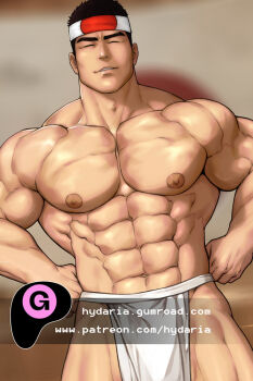 1boy abs adam&#039;s_apple bara black_hair bulge closed_eyes cowboy_shot daimon_gorou facing_viewer flexing_pectorals hachimaki headband hydaria large_pectorals loincloth male_focus mature_male muscular muscular_male navel nipples paid_reward_available patreon_username pectorals pelvic_curtain short_hair sideburns smile solo stomach strongman_waist the_king_of_fighters topless_male watermark web_address