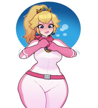 1girl biker_peach blonde_hair blue_eyes breasts curvy dabble formal_clothes highres large_breasts lipstick makeup mario_(series) mario_kart mario_kart_wii nintendo princess_peach solo suit thighs undressing wide_hips