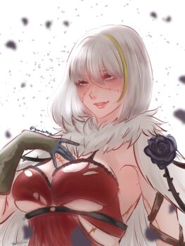 1girl black_gloves blonde_streaks breasts code_vein commentary cross_scar dress eva_roux falling_petals gloves highres large_breasts long_hair looking_at_viewer petals purple_eyes red_dress scar scar_on_arm scar_on_face solo torn_clothes torn_dress upper_body yumikari07