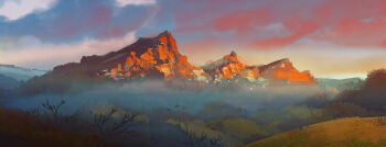 absurdres bare_tree blue_sky cloud commentary english_commentary flock forest gradient_sky highres hill landscape lorenzo_lanfranconi mountainous_horizon nature no_humans orange_sky original painterly scenery sky tree yellow_sky