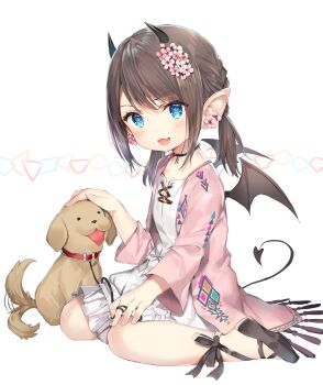 1girl black_horns black_shoes black_tail black_wings blue_eyes blush braid brown_hair character_request child commentary demon_girl demon_horns demon_tail dog dress fang final_fantasy final_fantasy_xiv horns jacket lalafell long_hair looking_at_viewer momoko_(momopoco) open_clothes open_jacket open_mouth petting pink_jacket pointy_ears shoes simple_background sitting skin_fang smile solo tail tail_raised twintails wariza white_background white_dress wings