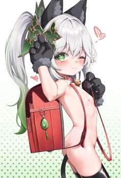1girl absurdres anal anal_beads anal_object_insertion anal_tail animal_ears animal_hands backpack bad_id bad_pixiv_id bag black_socks black_thighhighs blush butt_plug collar commentary_request crime_prevention_buzzer fake_animal_ears fake_tail female_focus flat_chest genshin_impact gloves gradient_background gradient_hair green_background green_eyes green_hair grey_hair heart highres huge_filesize leash loli long_hair looking_at_viewer mannack multicolored_hair nahida_(genshin_impact) nipples object_insertion one_eye_closed partial_commentary paw_gloves pointy_ears polka_dot polka_dot_background ponytail randoseru red_bag red_collar sakyumi sex_toy socks solo symbol-shaped_pupils tail thighhighs white_background