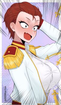 1girl aizawa_tomo bandaged_chest black_eyeshadow blurry blurry_foreground blush border breasts breasts_out cleavage collared_jacket collared_shirt commentary_request corrupted_twitter_file epaulettes eyelashes eyeshadow fang from_side hair_slicked_back hand_in_own_hair highres jacket long_hair looking_to_the_side makeup motion_lines oomartm open_clothes open_jacket open_mouth outside_border purple_background red_eyes red_hair shirt short_hair shy solo spanish_commentary sweat tomo-chan_wa_onna_no_ko tongue twitter_username unbuttoned_jacket upper_body white_background white_border white_jacket white_shirt