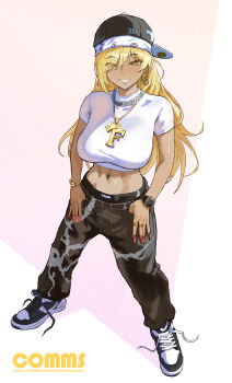 1girl abs absurdres backwards_hat bandana baseball_cap black_pants bling blonde_hair blush borrowed_character bracelet breasts chain chain_necklace commentary commission crop_top cropped_shirt dark-skinned_female dark_skin earrings english_commentary eyes_visible_through_hair fake_nails fingernails fiona_(hpontiqtonicq) full_body gold gold_bracelet gold_necklace gold_ring grin gyaru hair_over_one_eye hat highres hip_hop jewelry large_breasts legs_apart letter_earrings letter_pendant long_fingernails long_hair looking_at_viewer midriff multiple_rings navel necklace original panties pants panty_peek park_ongjol red_nails ring shirt shoes short_sleeves smile sneakers solo standing streetwear thumb_in_pocket underwear untied_shoelaces watch white_bandana white_shirt wristwatch yellow_eyes