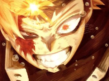 Rule 34 | 1boy, bakugou katsuki, black shirt, blonde hair, blood, blood on face, boku no hero academia, clenched teeth, commentary request, explosion, highres, male focus, red eyes, shirt, solo, superhero costume, teeth, tsuki1462, uneven eyes, watermark, wide-eyed