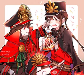 Rule 34 | 1boy, 1girl, belt, belt buckle, black belt, black cape, black hair, black jacket, blunt bangs, brother and sister, buckle, buttons, cape, chain, closed eyes, collared cape, commentary, crest, crying, family crest, fate/grand order, fate (series), fiery hair, gloves, gold buttons, gold chain, hat, highres, jacket, long hair, long sidelocks, long sleeves, low ponytail, medallion, military hat, mini nobu (fate), oda nobukatsu (fate), oda nobunaga (fate), oda uri, open mouth, peaked cap, ponytail, popped collar, red cape, red eyes, red jacket, shako cap, siblings, sidelocks, skull-shaped food, sweat, tears, valentine, very long hair, white gloves, yui (tamagohan)