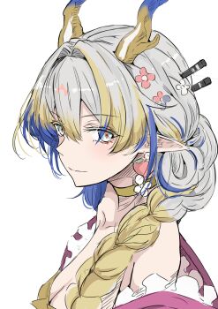 Rule 34 | 1girl, absurdres, arknights, bare shoulders, blonde hair, blue hair, braid, choker, closed mouth, commentary, dragon girl, dragon horns, earrings, eyes visible through hair, flower, fruit earrings, green eyes, grey hair, hair between eyes, hair flower, hair ornament, highres, horns, jewelry, ken (shutenndouji1), long hair, looking at viewer, multicolored hair, off shoulder, official alternate costume, pointy ears, portrait, shu (arknights), shu (spring feast) (arknights), simple background, sketch, smile, solo, white background, yellow choker