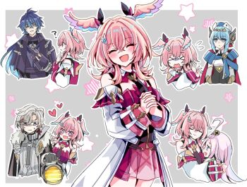 >_< 2boys 3girls ? ahoge aino_(genshin_impact) android antenna_hair bare_shoulders black_coat black_gloves blue_eyes blue_hair chest_harness closed_eyes coat collared_capelet commentary_request crossed_bangs detached_sleeves dress earrings flins_(genshin_impact) fur-trimmed_coat fur_trim genshin_impact gloves gradient_hair grey_hair hair_between_eyes hair_ornament harness hat head_wings heart heart-shaped_pupils holding holding_lamp holding_lantern illuga_(genshin_impact) ineffa_(genshin_impact) jewelry joints lantern linnea_(genshin_impact) long_hair long_sleeves medium_hair multicolored_hair multiple_boys multiple_girls open_mouth pink_dress pink_hair pink_wings robot_ears robot_girl robot_joints screw_hair_ornament short_hair silver_trim single_earring smile sweater symbol-shaped_pupils turtleneck turtleneck_sweater two-tone_wings white_coat wide_sleeves wings yellow_eyes yuyu_(spika)