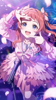 Rule 34 | 1girl, blue eyes, buttons, gakuen idolmaster, game cg, hanami saki, idol clothes, idolmaster, microphone stand, official art, open mouth, petals, red hair, sailor collar, sakura photograph (idolmaster), solo, twintails