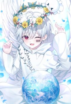 1boy absurdres barcode barcode_tattoo earth_(planet) flower highres hood hoodie indie_utaite long_sleeves mafumafu mafuteru male_focus one_eye_closed open_mouth planet red_eyes sarin_(seoling) short_hair solo tattoo teruterubouzu utaite white_hair white_hoodie white_wings wings