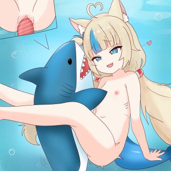 1girl :3 :d absurdres ahoge animal_ear_fluff animal_ears arm_support bar_censor bestiality blonde_hair blue_eyes buruberi cat_ears censored completely_nude fins fish_girl fish_tail flat_chest gills heart highres ikea_shark indie_virtual_youtuber loli looking_at_another multicolored_hair nipples nude open_mouth penis pussy sameko_saba sex shark smile stuffed_animal stuffed_shark stuffed_toy tail two-tone_hair vaginal virtual_youtuber