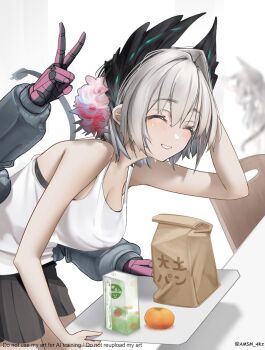 1girl alternate_costume arknights bag bird_girl black_bra black_skirt blush bra bra_peek breasts casual chair cleavage closed_eyes commentary cowboy_shot drink_carton electric_plug electric_plug_tail extra_arms flower food fruit grey_hair grin hair_flower hair_intakes hair_ornament head_wings holding holding_tray juice_box leaning_forward looking_at_viewer mechanical_arms medium_breasts miniskirt orange_(fruit) paper_bag pleated_skirt raidian_(arknights) short_hair single_hair_intake skirt sleeveless smile solo standing table tail tank_top tray twitter_username underwear v watermark white_tank_top wings yokaze_(yokajie)