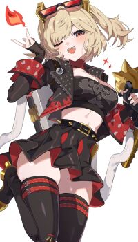 Rule 34 | 1girl, ;d, absurdres, awe (adorableduckyy), belt, black belt, blonde hair, breasts, burnice white, choker, flamethrower, high-waist skirt, highres, holding flamethrower, holding weapon, looking at viewer, one eye closed, open mouth, red choker, red eyes, short hair, skirt, smile, solo, strapless, thick thighs, thighhighs, thighs, tube top, two side up, zenless zone zero