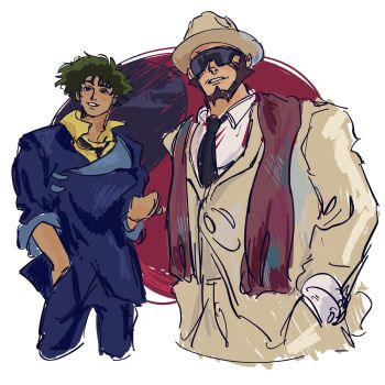 Rule 34 | 2boys, beard, cowboy bebop, facial hair, gloves, highres, jet black, multiple boys, spike spiegel, sunglasses, white gloves