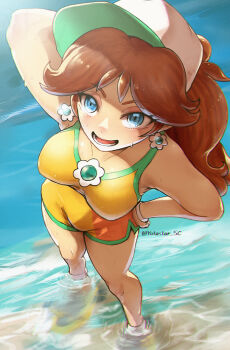 1girl arm_behind_head artist_name blue_eyes breasts brown_hair earrings flower_earrings hand_on_own_hip hat jewelry long_hair looking_at_viewer mario_(series) mario_kart mario_kart_world nintendo ponytail princess_daisy princess_daisy_(swimwear)_(mario_kart_world) smile water wet yotastar