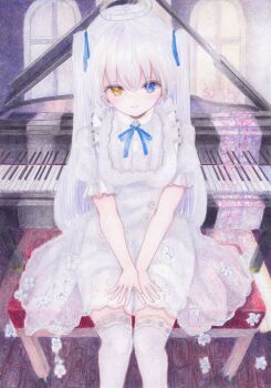 1girl apron blue_ribbon blush breasts closed_mouth colored_pencil_(medium) commentary darkkanan deaf disability dress eyes_visible_through_hair frilled_apron frills grand_piano hair_between_eyes halo hearing_aid heterochromia highres indoors instrument long_hair looking_at_viewer medium_breasts original painting_(medium) piano pinafore_dress ribbon see-through_clothes sitting sleeveless sleeveless_dress solo thighhighs traditional_media watercolor_(medium) white_hair