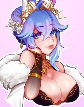 1girl blue_hair breasts chinese_clothes cottontail_(vtuber) cottontailva earrings feather_boa gold gradient_hair heterochromia highres indie_virtual_youtuber jewelry large_breasts light_blush lips multicolored_hair smile tiara virtual_youtuber voice_actor