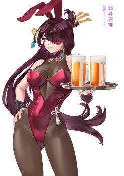 1girl absurdres alcohol artist_logo artist_name bare_shoulders beer beer_mug beidou_(genshin_impact) black_wrist_cuffs breasts chinese_knot cleavage contrapposto covered_navel cowboy_shot cup earrings eyepatch facing_viewer foreshortening genshin_impact gluteal_fold hair_ornament hair_over_one_eye hair_stick hand_on_own_hip highres holding holding_tray jewelry kashenori large_breasts leotard logo long_hair mug pantyhose playboy_bunny purple_hair red_leotard see-through_cleavage see-through_clothes simple_background solo tassel tassel_earrings thighs tray very_long_hair white_background wrist_cuffs