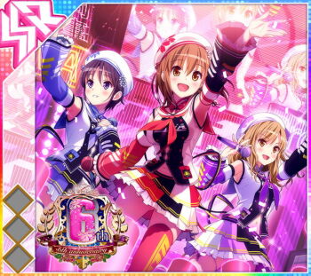 Rule 34 | 3girls, :d, album cover, amane ai, anniversary, arm up, beret, blush, breasts, brown eyes, brown hair, clothing cutout, concert, confetti, cover, detached sleeves, dot nose, dutch angle, english text, frilled sleeves, frills, game cg, glowstick, grin, hand up, hat, holding, holding microphone, idol, idol clothes, idol wars, long hair, medium breasts, medium hair, microphone, multiple girls, navel, navel cutout, neckerchief, official art, omiya aine, open mouth, print hat, purple hair, purple neckerchief, red neckerchief, red thighhighs, screen, screen zoom, short hair, small breasts, smile, stage, stage lights, thighhighs, third-party source, white hat, wide sleeves, yukishiro nagisa, zettai ryouiki