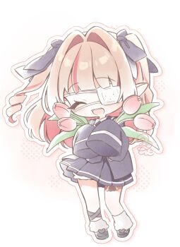 1girl black_shoes blazer bloomers blue_jacket blue_necktie blue_ribbon blue_skirt blush collared_shirt colored_inner_hair commentary_request deformed drill_hair eyepatch fangs flower full_body grey_hair hair_intakes hair_ribbon highres holding holding_flower jacket leg_ribbon leg_tattoo long_hair loose_socks makaino_ririmu medical_eyepatch miniskirt multicolored_hair necktie nijisanji official_alternate_costume official_alternate_hairstyle one_eye_closed open_clothes open_jacket open_mouth outline pink_flower pink_hair pink_streaks pink_tulip platform_shoes pleated_skirt pointy_ears polka_dot polka_dot_background ribbon rougetsu school_uniform shirt shoes sidelocks signature skirt sleeves_past_fingers sleeves_past_wrists smile socks solo standing streaked_hair tattoo tulip two-tone_hair two_side_up underwear virtual_youtuber watermark watermark_grid white_background white_outline white_shirt white_socks wind wind_lift winged_heart winged_heart_tattoo