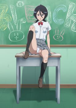 1girl 2023 animal_ears antoniomalara arms_at_sides black_hair black_socks bleach bow breast_pocket brown_shoes cameltoe chalk chalkboard clothes_lift commentary commission copyright_name desk drop_shadow english_commentary flashing flat_chest frown full_body grey_skirt hair_between_eyes highres indoors karakura_high_school_uniform knee_up kneehighs kuchiki_rukia leg_up legs loafers looking_at_viewer medium_hair miniskirt on_desk panties petite pleated_skirt pocket purple_eyes pussy rabbit_ears red_bow school school_desk school_uniform shiny_skin shirt shoes short_sleeves sitting skirt skirt_lift socks solo thighs tile_floor tiles underwear upskirt white_panties white_shirt