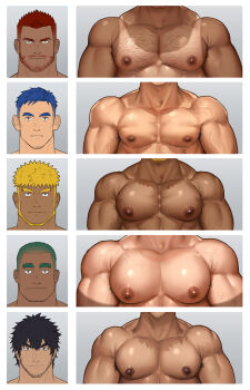 5boys absurdres armpit_hair armpit_hair_peek bara beard beard_stubble black_hair blonde_hair blue_hair buzz_cut chart chest_hair commentary_request dark-skinned_male dark_skin facial_hair gorou_naoki green_hair grey_background highres large_pectorals looking_at_viewer male_focus mature_male multiple_boys muscular muscular_male mustache_stubble nipples original paid_reward_available pectoral_focus pectorals portrait puffy_male_chest red_hair short_hair stubble tan tanline thick_eyebrows undercut veins veiny_arms very_short_hair