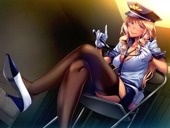 1girl blonde_hair blue_eyes blush breasts bubuzuke cell chair cleavage crossed_legs dark-skinned_female dark_skin female_focus gal_kanshu_rina-chan_no_m_otoko-ka_seikyouiku_shidou game_cg garter_straps gloves hat high_heels large_breasts legs long_hair looking_at_viewer mole police police_uniform policewoman sitting skirt smile solo thighhighs thighs whip