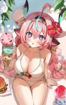 1girl :o absurdres ahoge alternate_costume amaneko_(amaneko_y) animal_ears aqua_streaks bare_shoulders bikini black_headband blush breasts burger cleavage collarbone commentary_request cow_ears cow_girl cow_horns cow_tail flower food genshin_impact hair_between_eyes hair_flower hair_ornament headband highres holding holding_food holding_ice_cream holding_ice_cream_cone horns ice_cream ice_cream_cone large_breasts long_hair looking_at_viewer multicolored_hair pink_hair purple_eyes red_flower shaved_ice side-tie_bikini_bottom sitting solo streaked_hair swimsuit tail varesa_(genshin_impact) very_long_hair white_bikini