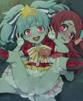 1boy 1girl after_anal aftersex assisted_exposure blue_hair blue_skin blush censored colored_skin cum cum_in_ass cum_on_clothes double_v gloves hair_ornament hair_ribbon heart heart_(organ) heart_in_mouth hoshikawa_lily long_hair minamoto_sakura mosaic_censoring mushiro_(nijie728995) open_mouth panties panties_around_leg penis red_eyes red_hair ribbon saliva scar scar_on_face shota small_penis socks spread_legs star_(symbol) star_hair_ornament sweat tears teeth tongue trap twintails underwear v zombie zombie_land_saga
