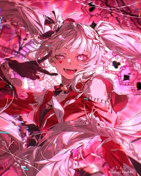 animal_ears blush bow braid butterfly-shaped_pupils commentary_request dress glitch hat heart highres honkai:_star_rail honkai_(series) kisaragi_byakko long_hair long_sleeves mini_hat mini_top_hat pink_hair rabbit_ears red_dress red_eyes sparkle_(honkai:_star_rail) sparxie_(honkai:_star_rail) symbol-shaped_pupils top_hat twintails v